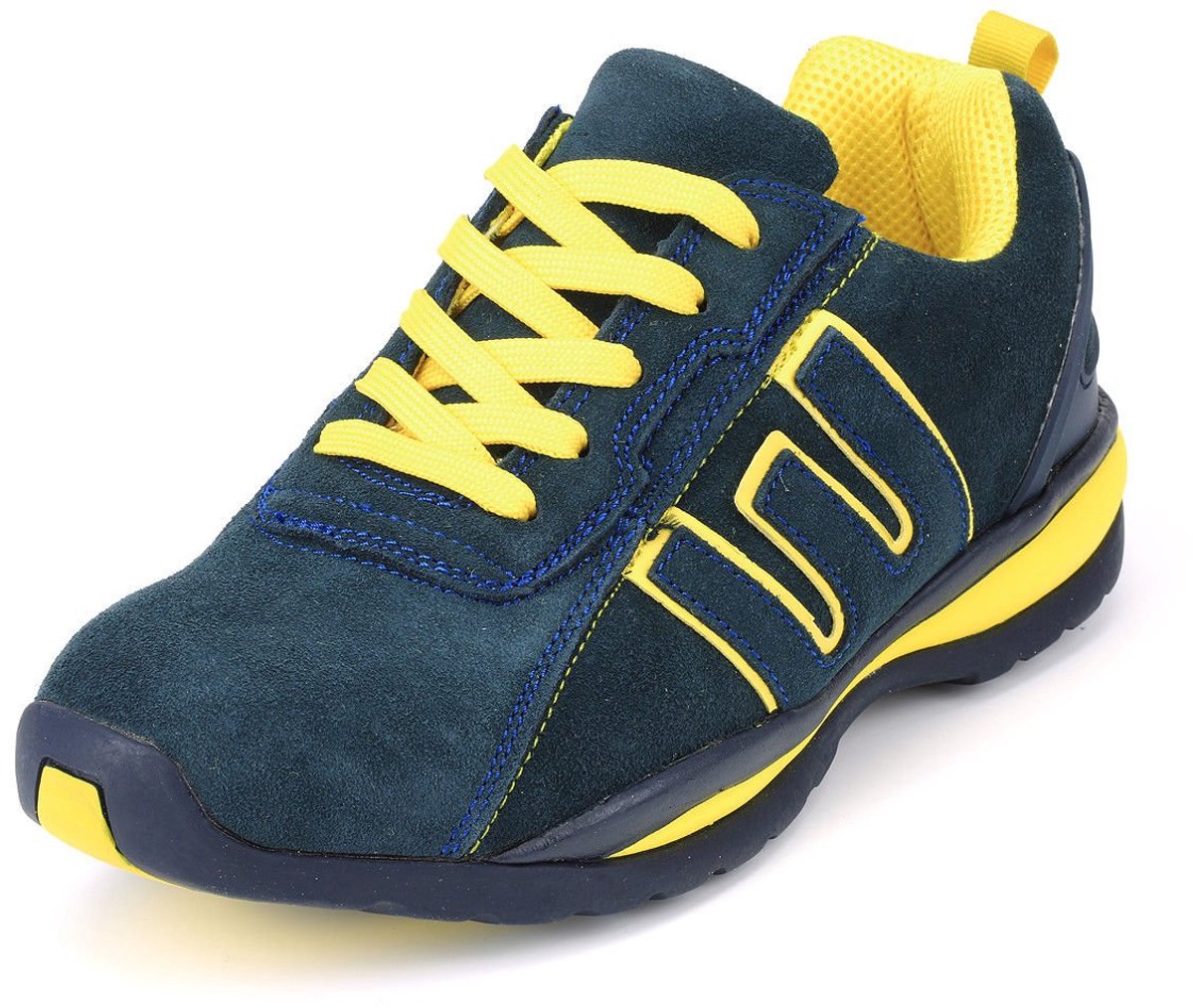 SnelShoppen - Veiligheidschoenen voor Mannen & Vrouwen | Stalen Neus Sneakers | Chamois Leer | EVA Zool | SB SRA | Navy Blauw-Geel | Maat 39 | Werk- &