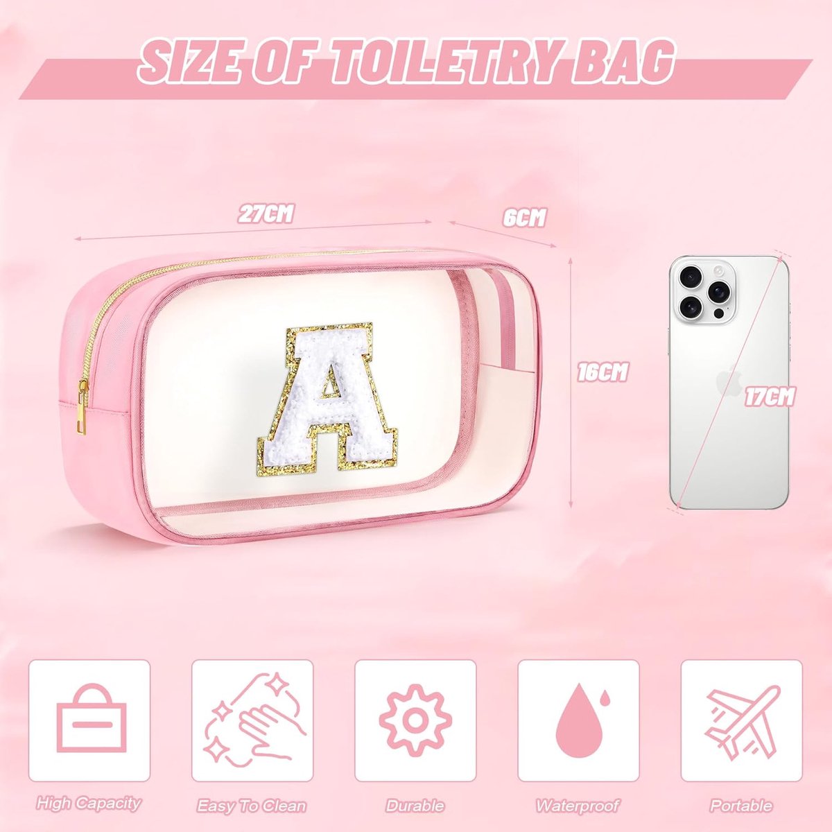 SnelShoppen - Clear Toiletry Bags - Persoonlijke Make-up Tas voor Meisjes 9-13 Jaar - Waterdichte Reistas - Glitter Monogram - Cadeau voor Vrouwen
