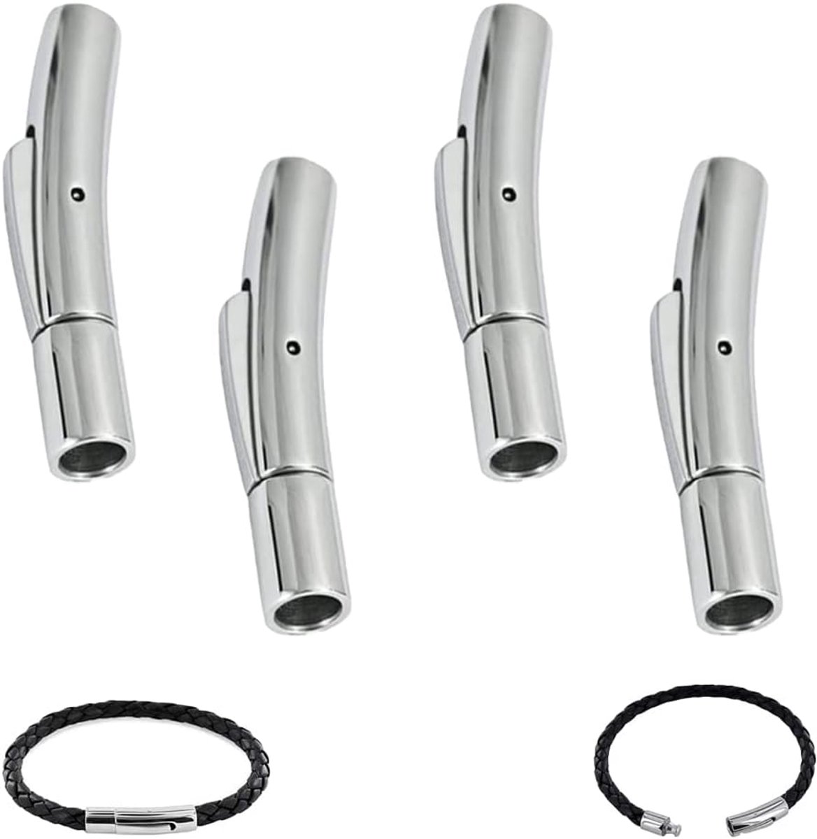 SnelShoppen - 4 Stuks Leren Band Klemmen, 4 mm, Bayonet Klem, Roestvrij Staal, Lever Snap Klem, Einde Kappen voor Armbanden, Zilver