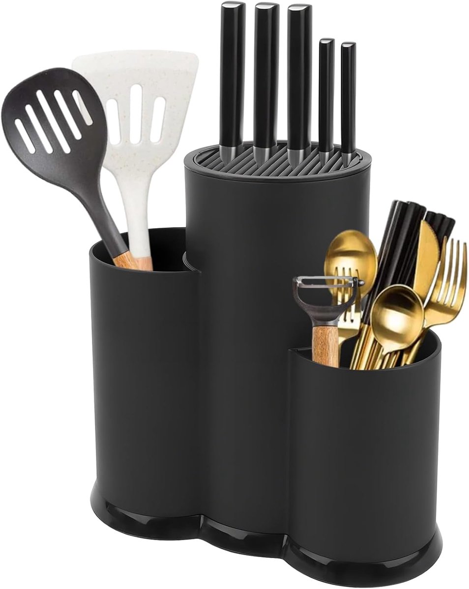 SnelShoppen - 3 in 1 Messenset Houder Zwart - Universele Snijblokhouder voor Keuken - Hoogwaardige PP Kunststof, Geschikt voor Messen tot 14 Inch, Keu