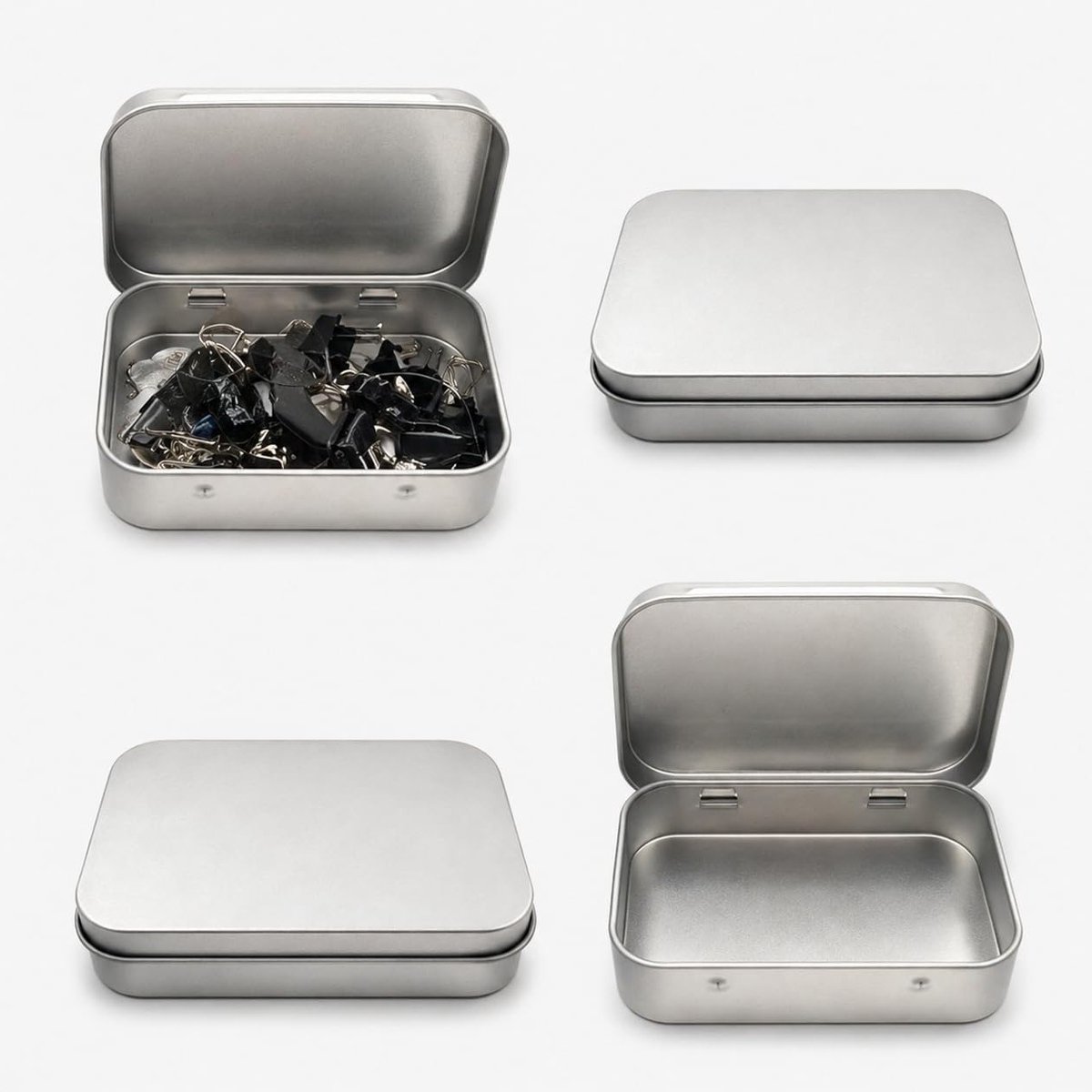 Set van 4 Kleine Rechthoekige Metalen Blikjes met Deksel, Ideaal voor Opslag van Munten, Pillen en Snoep, Perfect voor Reizen en Handtassen, Afmetingen 9.5 x 6 x 2.3 cm