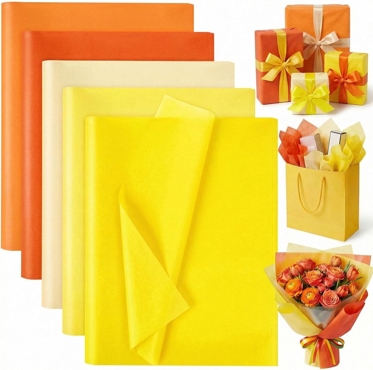 SnelShoppen - Tissuepapier 75 Vellen 50 x 35 cm in 5 Gele Tinten - Creatief Papier, Cadeaupapier, Perfect voor Bloemstukken, Verjaardagen, Herfstdecor