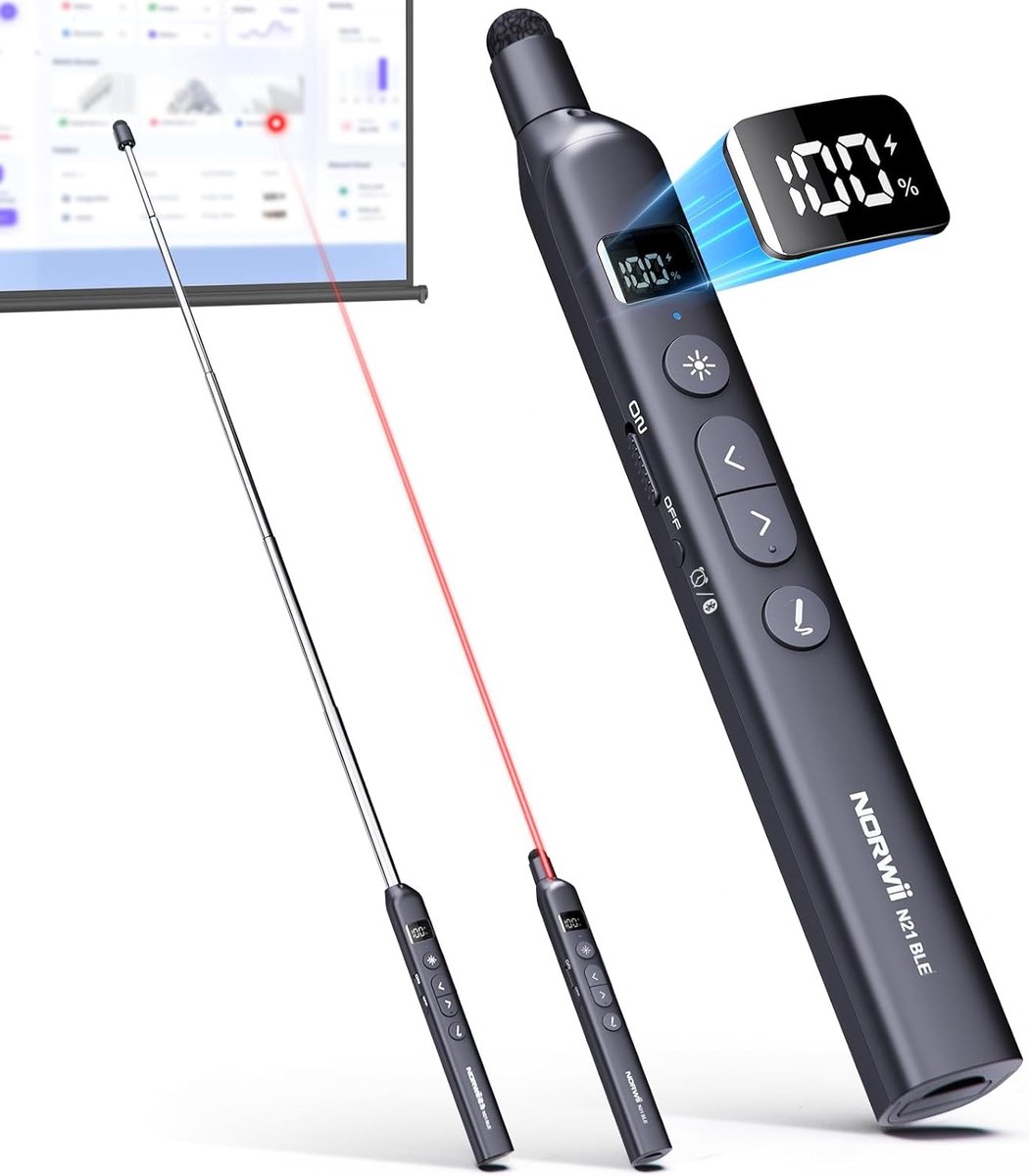 SnelShoppen - Bluetooth Presentatie Clicker met Telescopische Pointer, Draadloze Presenter voor PowerPoint, Slide Adjuster, Zwart, Geschikt voor Lapto
