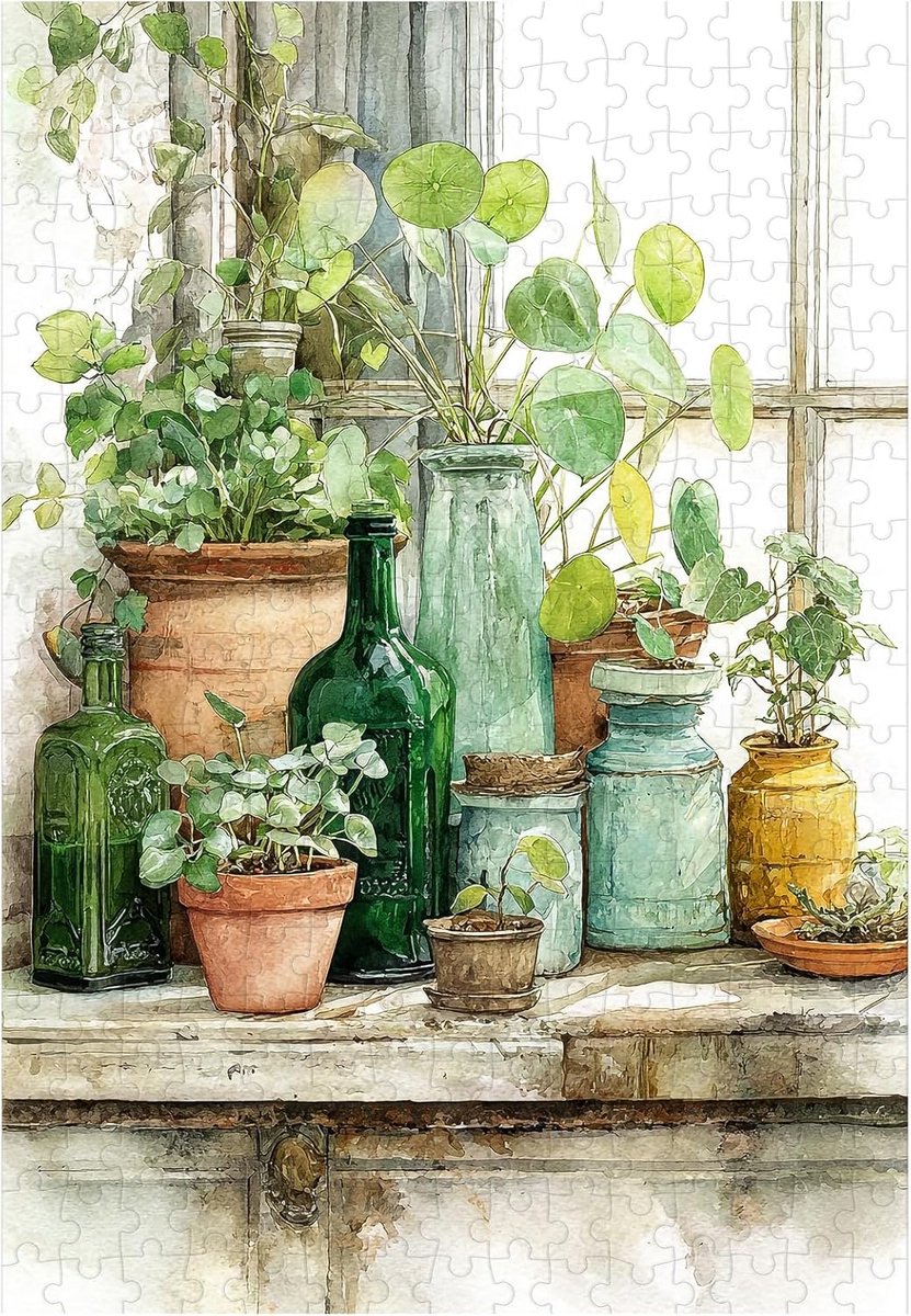 SnelShoppen - Grote legpuzzels voor volwassenen, 300 stuks, groene planten op vensterbank, aquarel kunstwerk, perfect cadeau voor familie en vrienden,