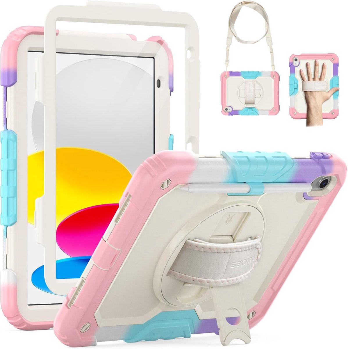 SnelShoppen - SEYMAC iPad Case 11/10.9" (A16) 11e/10e Generatie 2025/2022 - Schokbestendige Tablet Case met Screen Protector, 360° Rotatable Kickstand