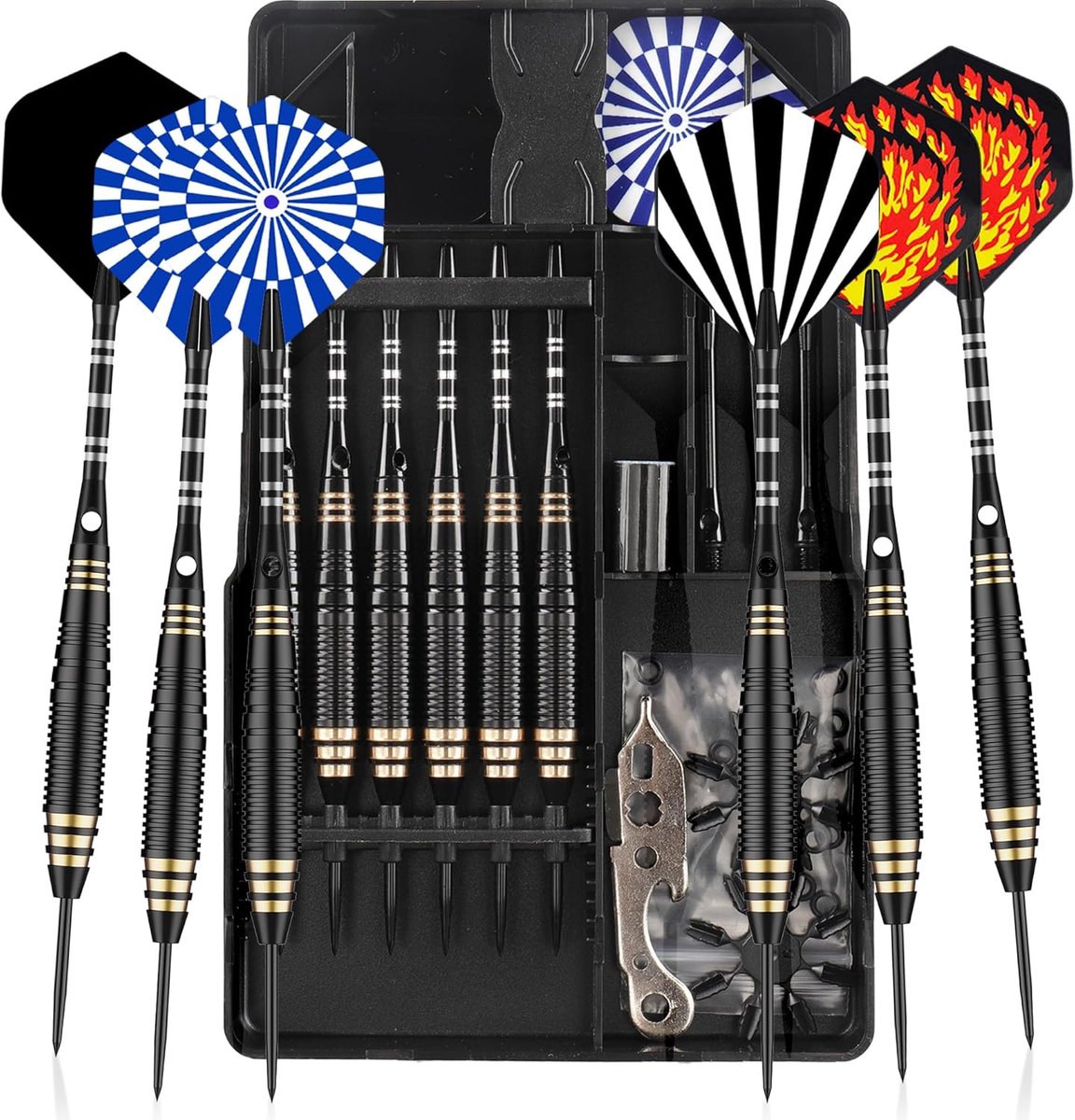 SnelShoppen - Pack van 6 Professionele Stalen Darts 24g met 12 Dart Flights, 9 Aluminium Schachten, 20 Rubber O-Ringen, Beschermers, Grinder, Tool en