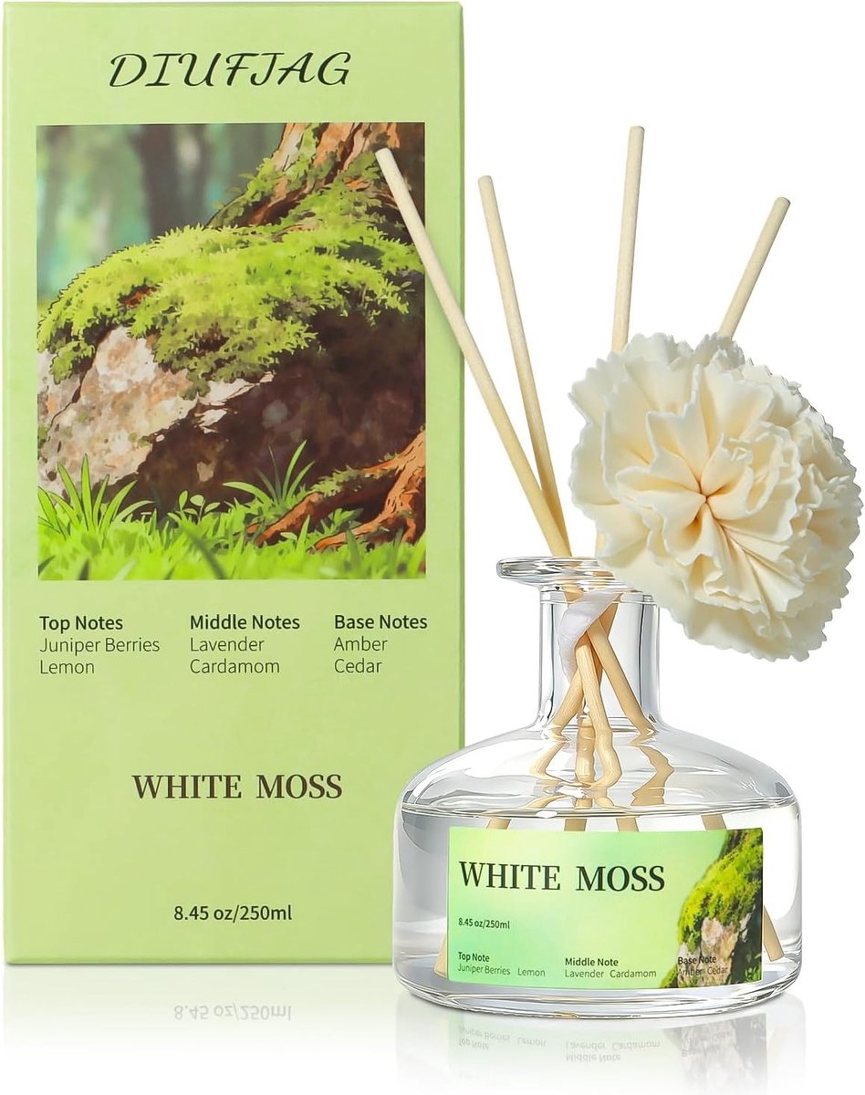 SnelShoppen - Geurdiffuser met Gedroogde Bloemen, Wit Mos Geur 250ml, 6 Rietstokjes voor Badkamer, Slaapkamer, Kantoor, Aromatherapie, Gezelligheid