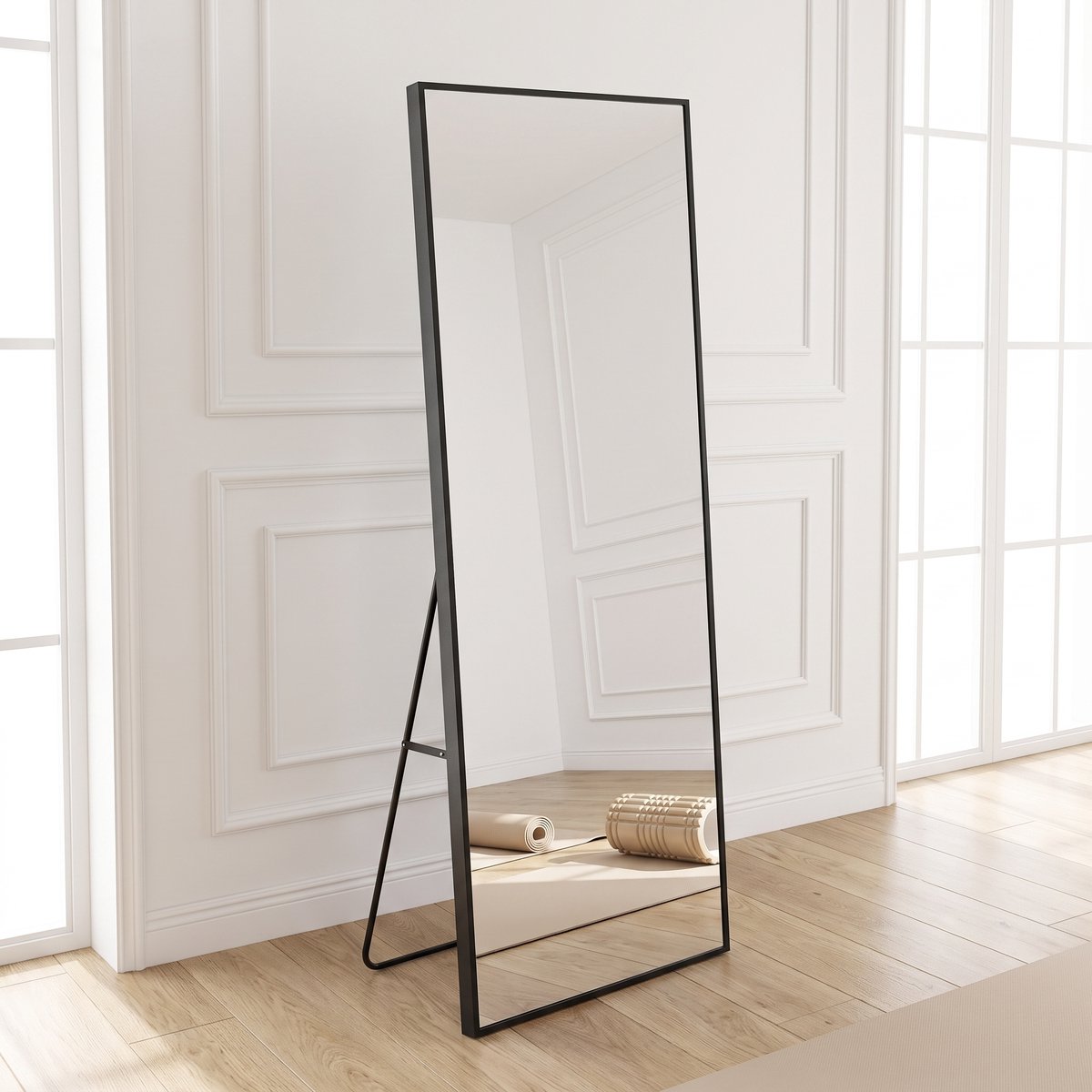 Grote Vloerspiegel (173 x 63 cm) Frame Aluminiumlegering – Rechthoekige Spiegel Vloer of Wand, Ldeaal voor het Bekijken van Outfits en Schoenen (Zwart, 173 x 63 cm)
