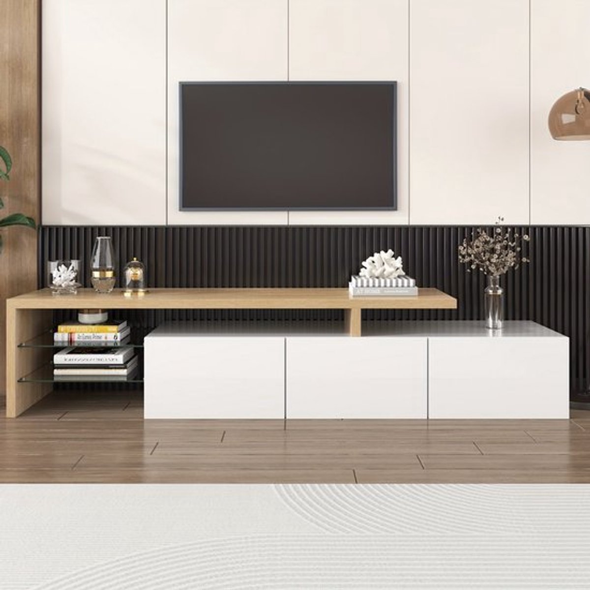 Tv Meubel – TV Kast – TV Meubelkast – Mediameubel – TV Dressoir – Hoogglans Wit – Bamboe M
