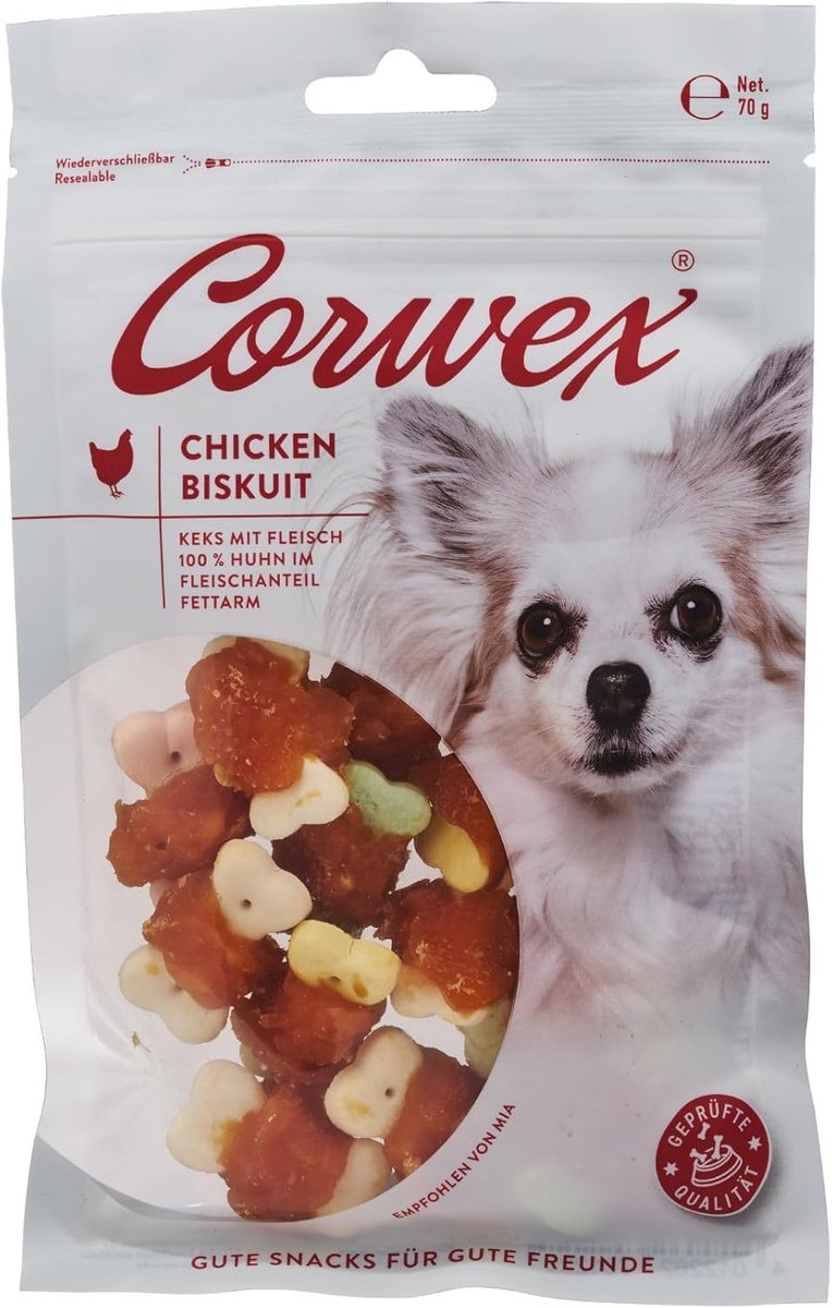 SnelShoppen - Corwex Hondenkoekjes met Kip, 10 x 70 g, Chewy Snacks voor Kleine Honden, Laag Vet, 100% Kip, Beloningskoekjes voor Hond