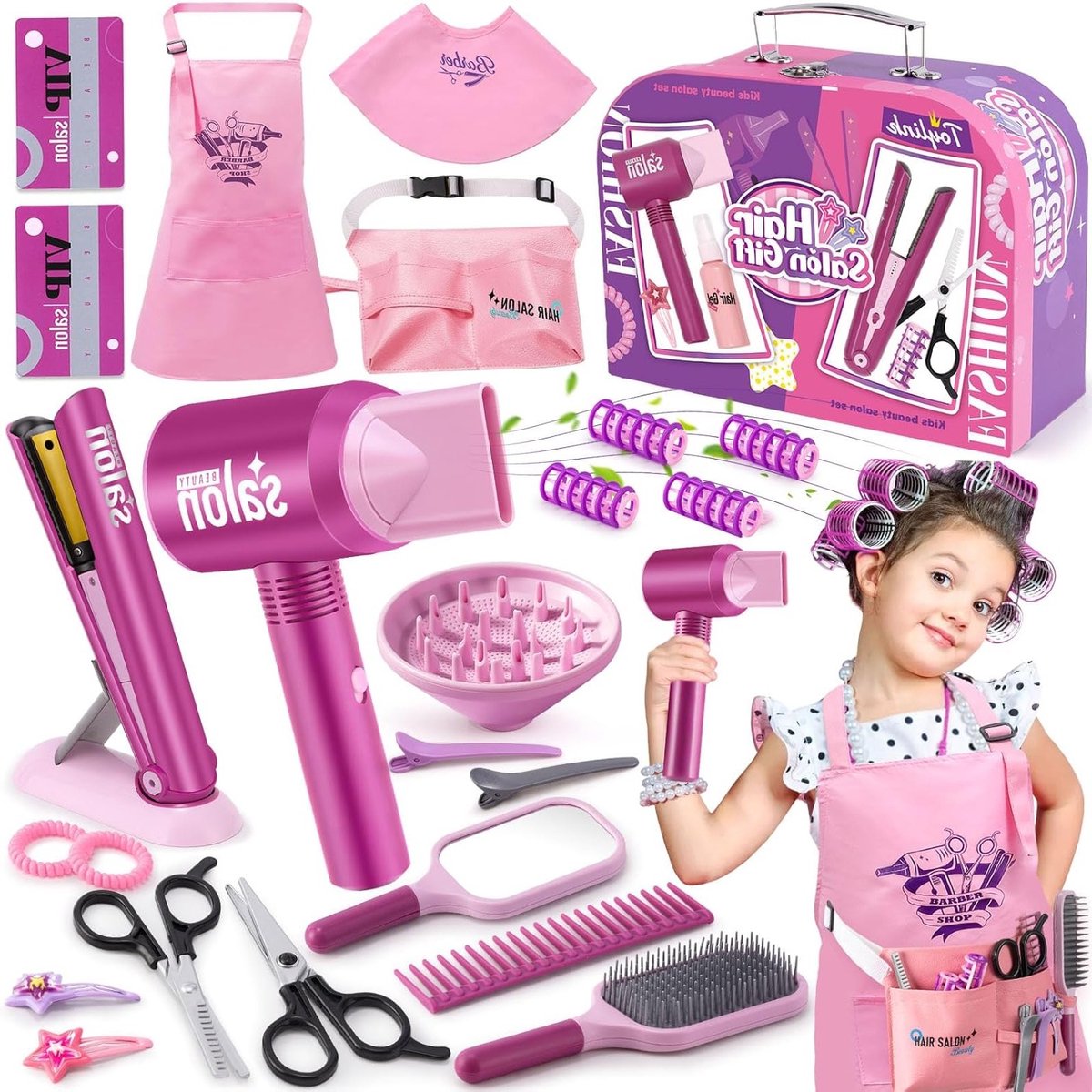 Kinderen Haarstyling Set met Föhn, Steiltang, Kam en Spiegel - Speelgoed voor Meisjes van 3 tot 7 Jaar, Haarstyling Accessoires en Make-up Speelgoed