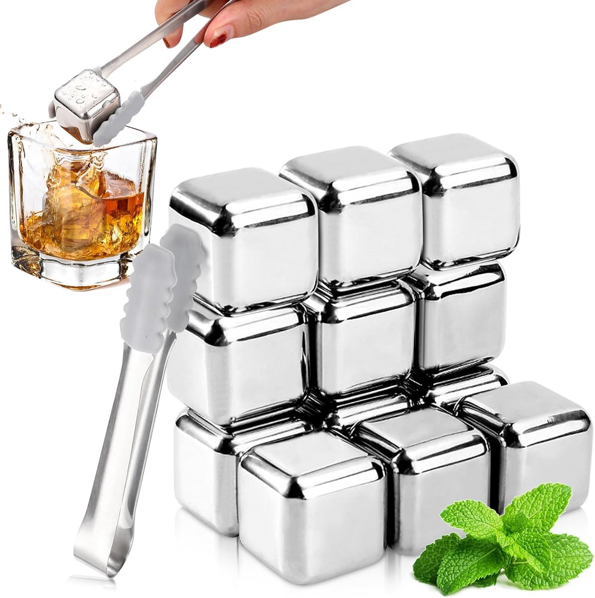 SnelShoppen - Set van 12 Herbruikbare IJsblokjes van 304 RVS met Tangen en Verpakkingsdoos, Perfect voor Wijn, Vodka, Whisky, Bier en Sappen