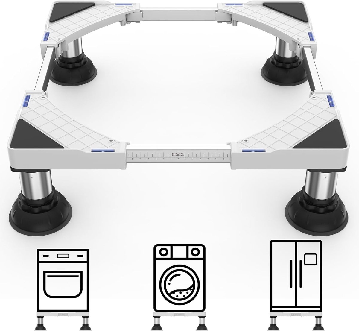 SnelShoppen - Verstelbare Wasmachinebasis voor Wasmachines, Drogen, Koelkasten - Antislip - Verstelbare Breedte 45-65 cm, Hoogte 15-18 cm - Wit