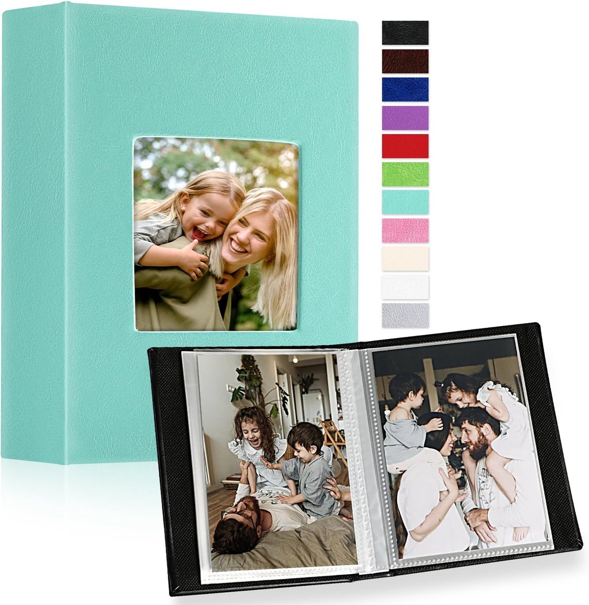 SnelShoppen - Mini Foto Album 10x15 cm - 2 Packs met 100 Hoesjes - Leerlook Teal voor Verticale Foto's - Perfect voor Feesten, Vakantie en Kinderen