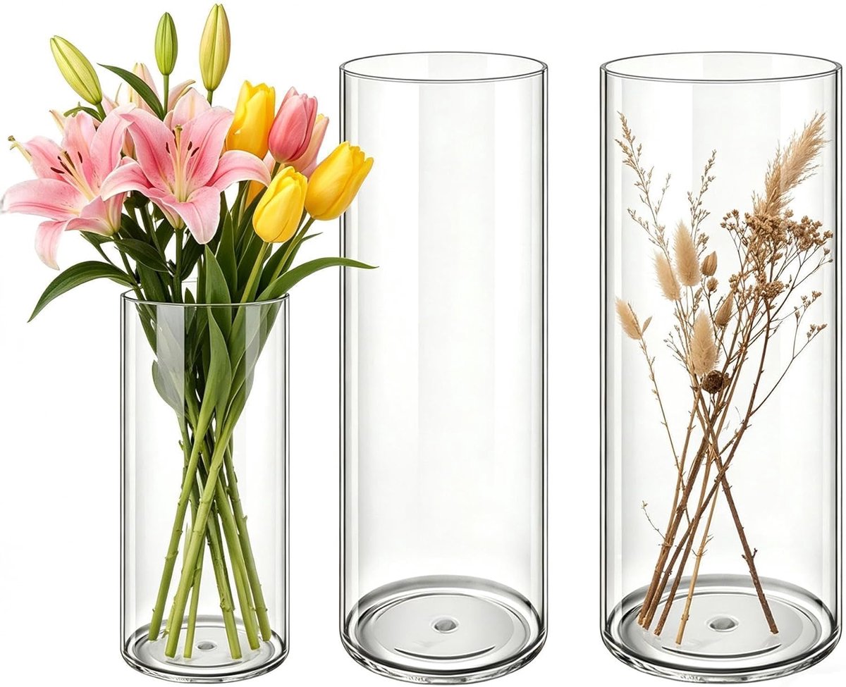SnelShoppen - Set van 3 Ronde Acryl Vazen, Transparante Onbreekbare Vazen voor Bloemen, Lichtgewicht Decoratie, 10x25cm, 12x40cm, 15x40cm, Voor Huisde