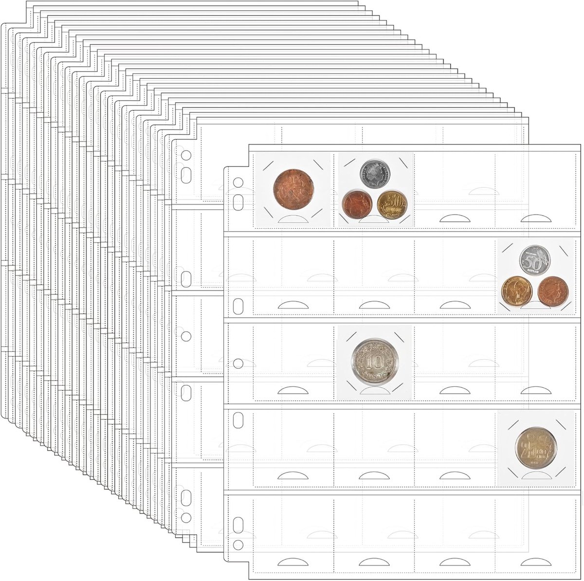 SnelShoppen - Coin pocket pages voor muntflappen - 25 pagina's, 500 vakken, 54x52 mm voor 50x50 mm muntjes - 7 gaten ontwerp (A4/Letter)