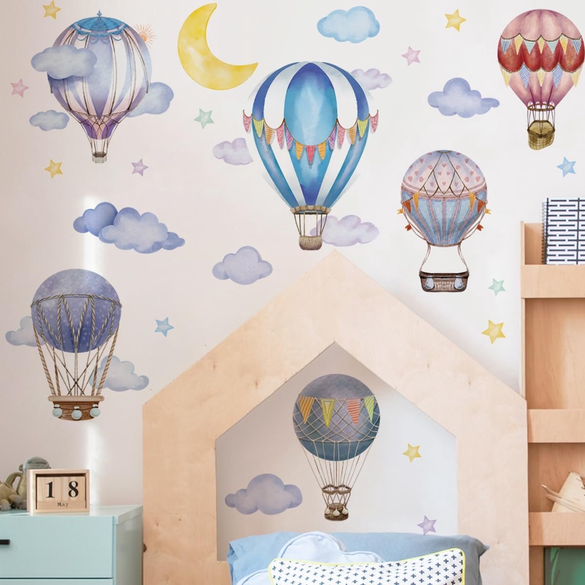 SnelShoppen - Grote Wandstickers Luchtballon Kinderkamer - Kleurvolle Maan Sterren Wolken Wanddecoratie - Vinyl Waterdicht Baby Jongenskamer Meisjeska