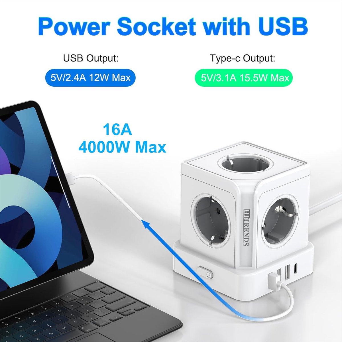 SnelShoppen - Power Tower met USB & Type C, 5-voudige Stekkerdoos Wit met Schakelaar, 3 USB-A + 1 USB-C, 2m Kabel, Perfect voor Thuis, Kantoor, en Rei