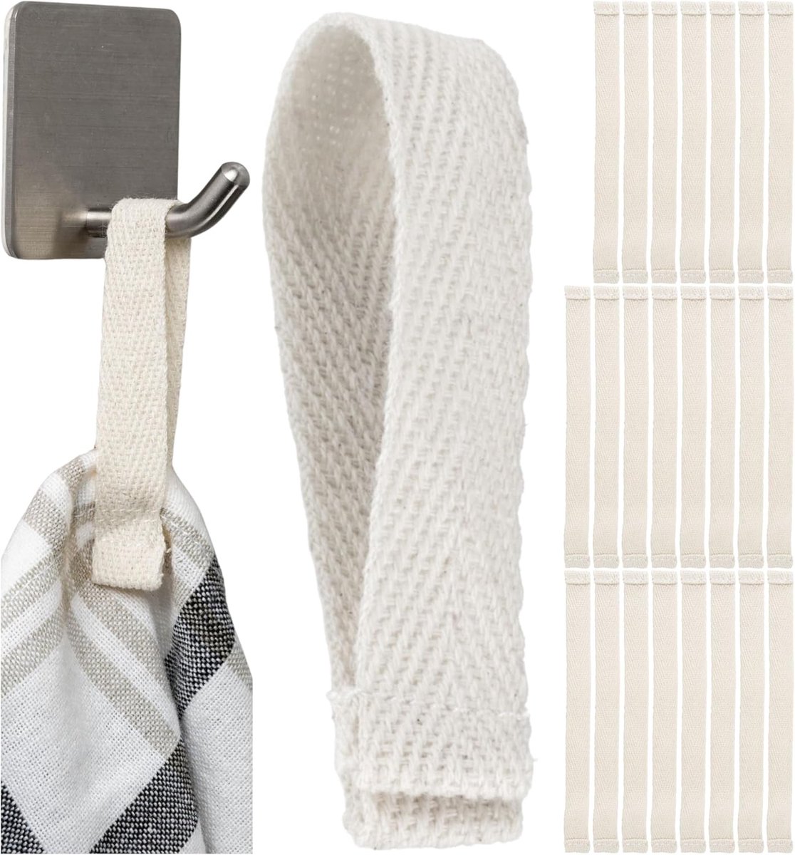 SnelShoppen - 24 x Handdoek Hangers, 150 x 12 mm Lussen, Witte Katoen Gewikkeld en Genaaide Einden, Hangende Houder Set voor Keuken, Camping, Decorati