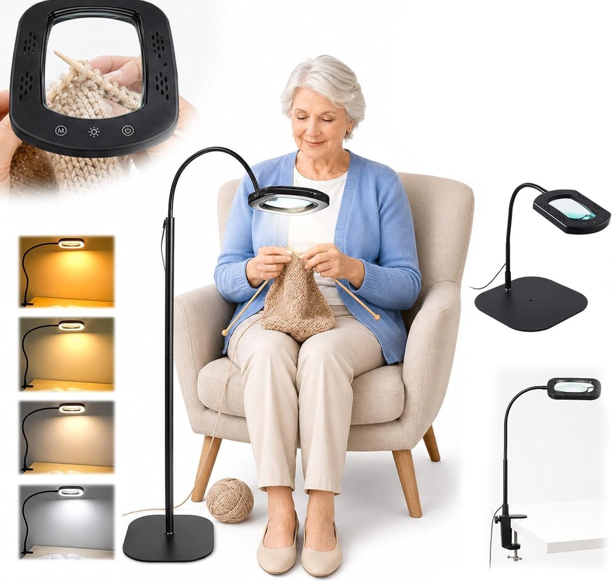 Rechthoekig Vergrootglas met LED Licht en Flexibele Zwanenhals voor Handen Vrij Lezen, Hobby en Knutselen - 10X Vergroting en Traploos Dimmen