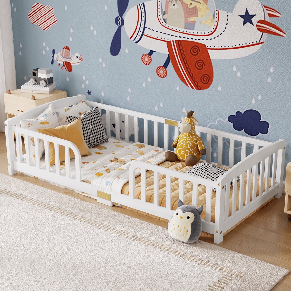 Kinderbed 90x200 cm - Vloerbed Met Veiligheidshekje en Centrale Instap - Zonder Matras - Voor Kinderkamer - Grenenhout - Wit