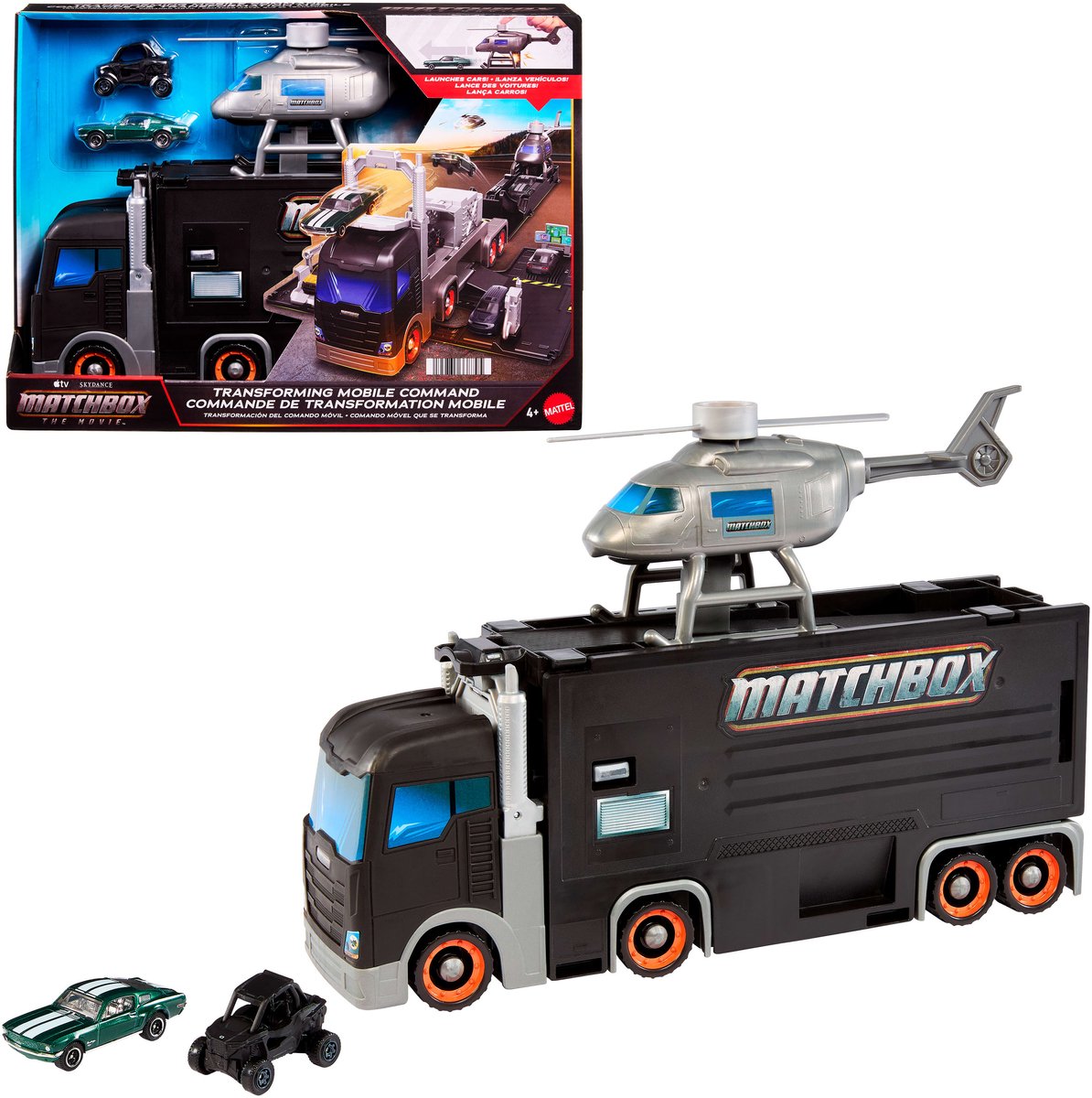 Matchbox Mobiele commando transformeren - Groot formaat voertuig met helikopter en 2 speelgoedauto's uit de film