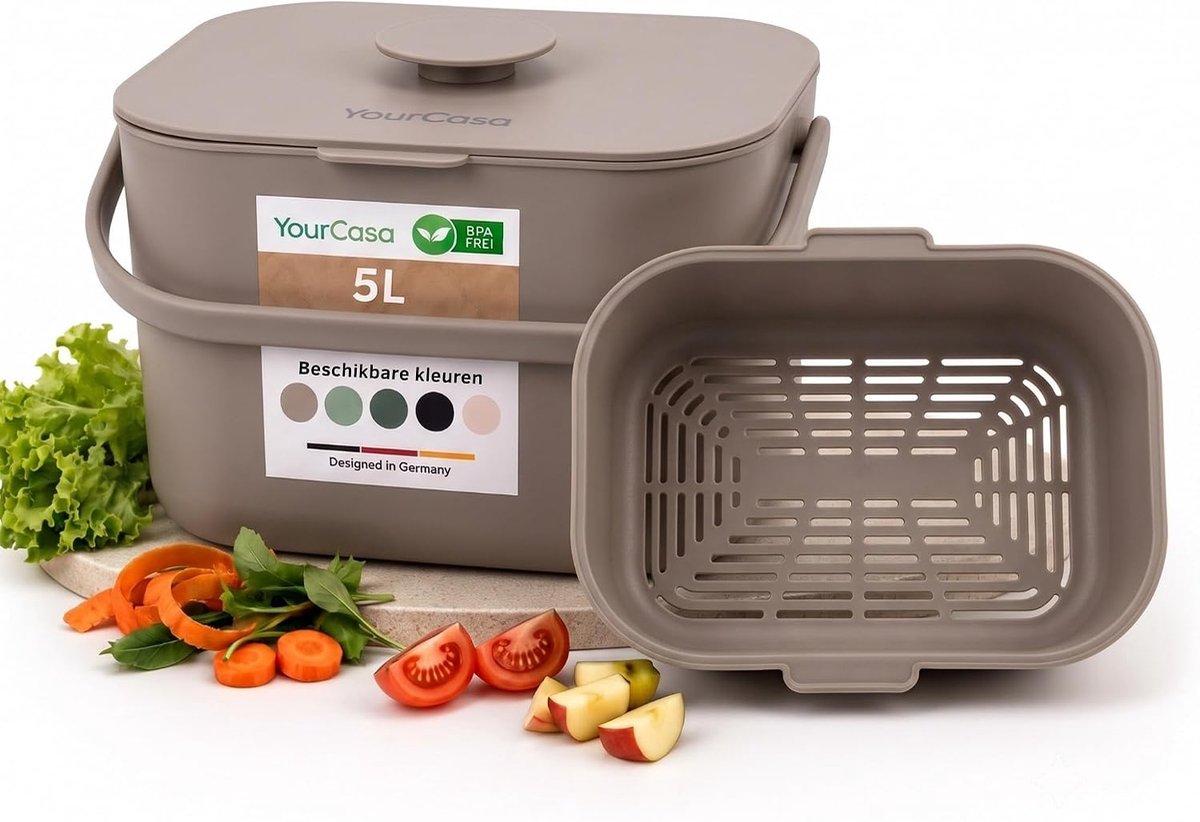SnelShoppen - Organische Keukenafvalbak 5 Liter Compostbak voor Dagelijks Organisch Afval, Vaatwasserbestendig, Geurvrij, Verwijderbare Zeef, Kleine B