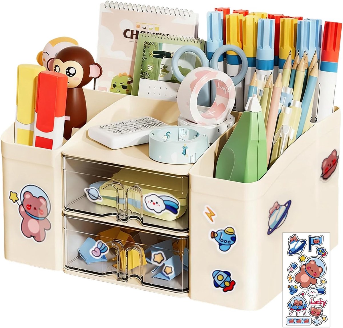 SnelShoppen - Penhouder, Opbergdoos, Bureau Organizer met 8 Compartimenten, Grote Capaciteit, Dubbele Laag Transparante Tray voor Potloden, Kleurpotlo