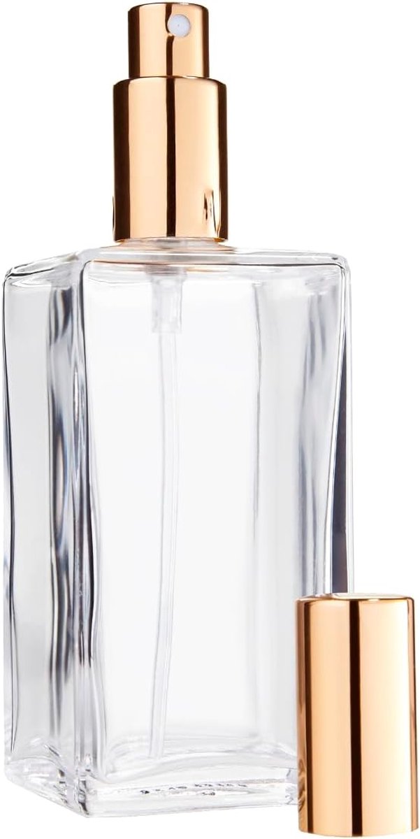 SnelShoppen - Transparante Glazen Atomizer Fles 100ml - Vierkante Fles met Atomizer Pomp en Gouden Deksel - Perfect voor Reizen en Vakantie