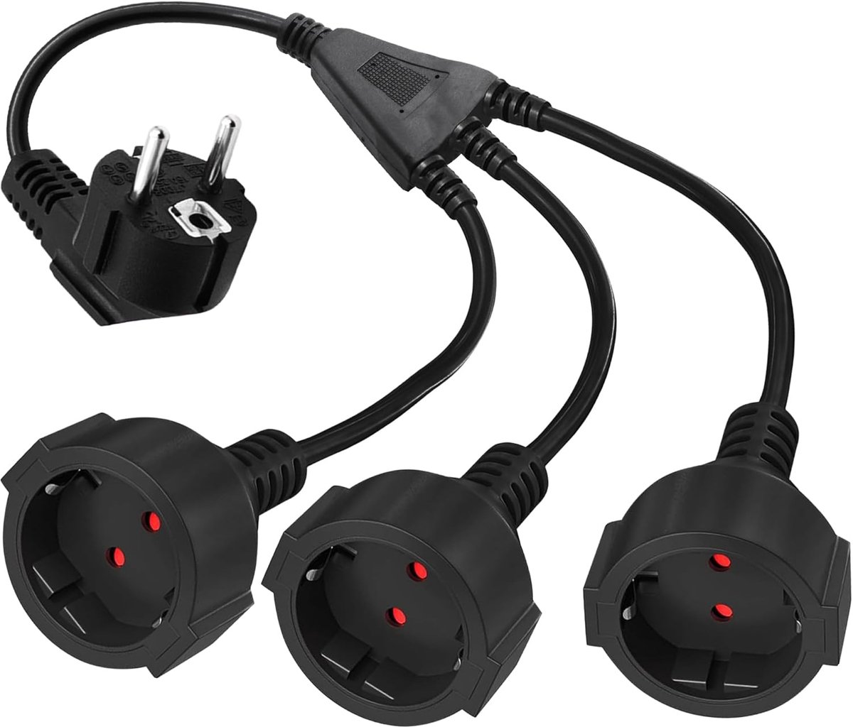 SnelShoppen - 3 in 1 Schuko Verlengsnoer Korte Y Splitter Kabel, 16A 250V, IP44, 3x1.5mm², Zwart, Ideaal voor Thuis en Kantoor, 90 Graden Hoek
