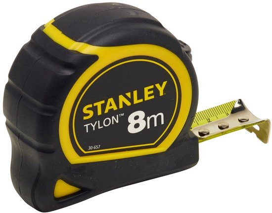 Stanley Tylon 8m rolbandmaat, zwart met gele streep en logo.