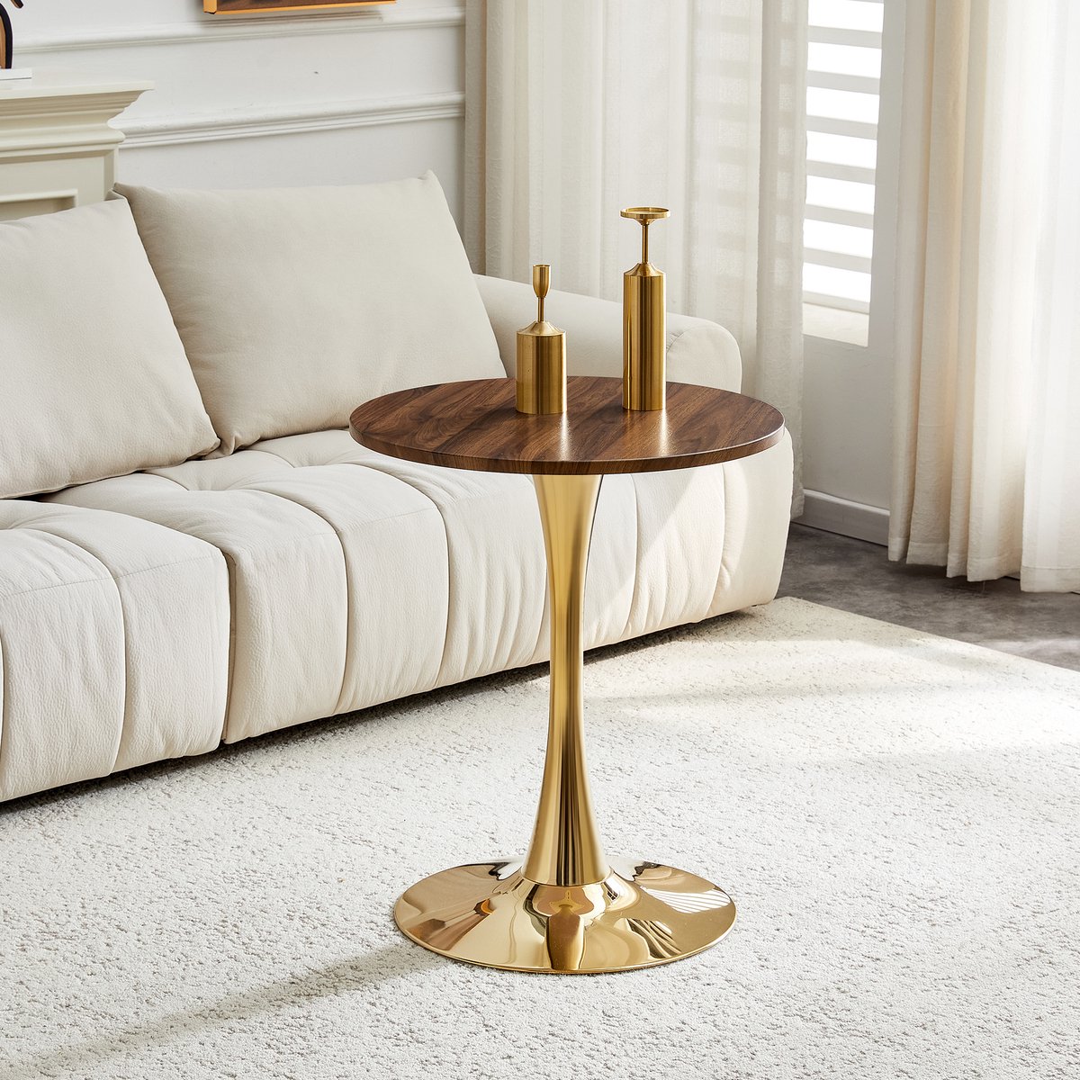 MODENUIT Bijzettafel - Rond 60 Cm Tafelblad Voor Woonkamer En Leeshoek - MDF En Metaal - Walnoot En Goud