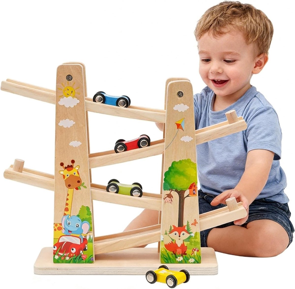Premium Houten Ballenbaan met 4 Auto's - Educatief Speelgoed voor Kinderen, Verjaardagscadeau en Racebaan voor Jongens vanaf 18 Maanden