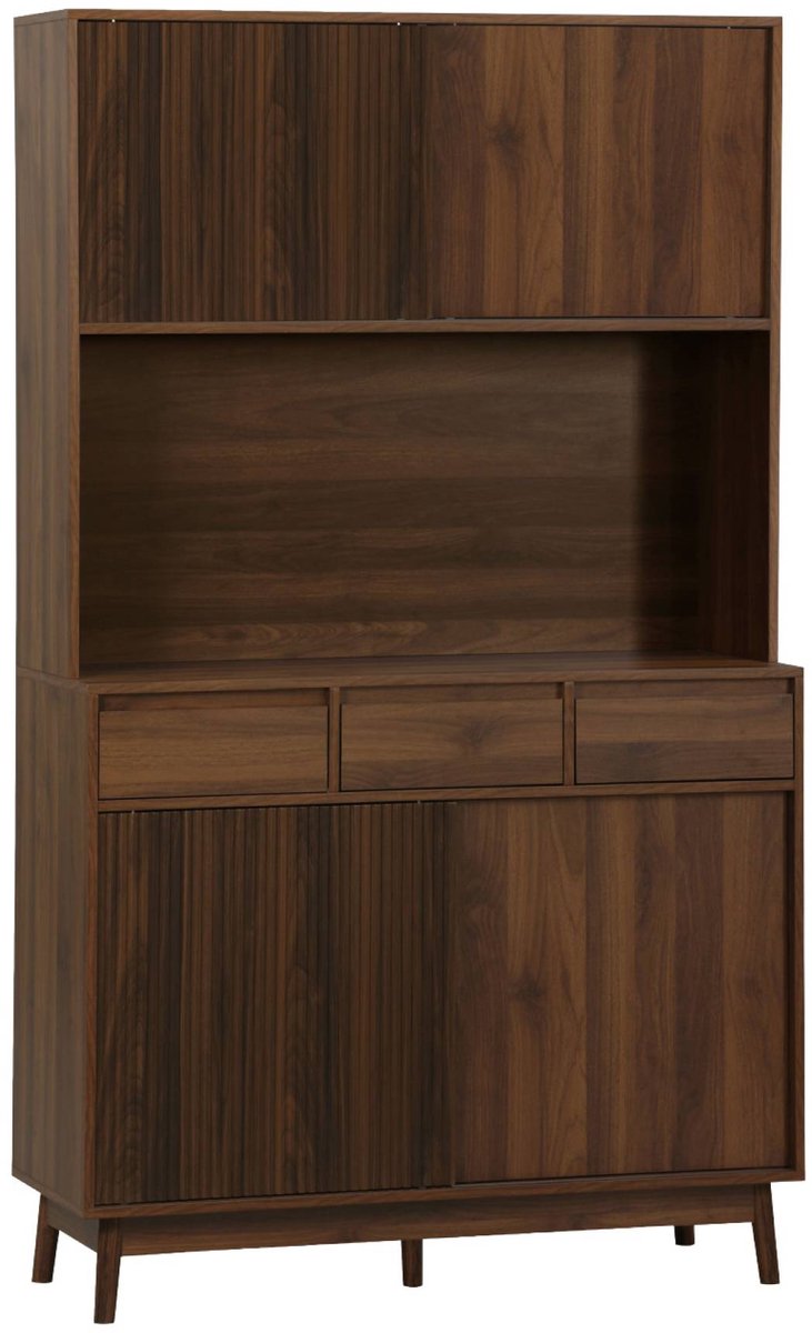 sweeek - Buffetkast 4 schuifdeuren 3 lades en open vak houtdecor deels gegroefd 110cm - linear