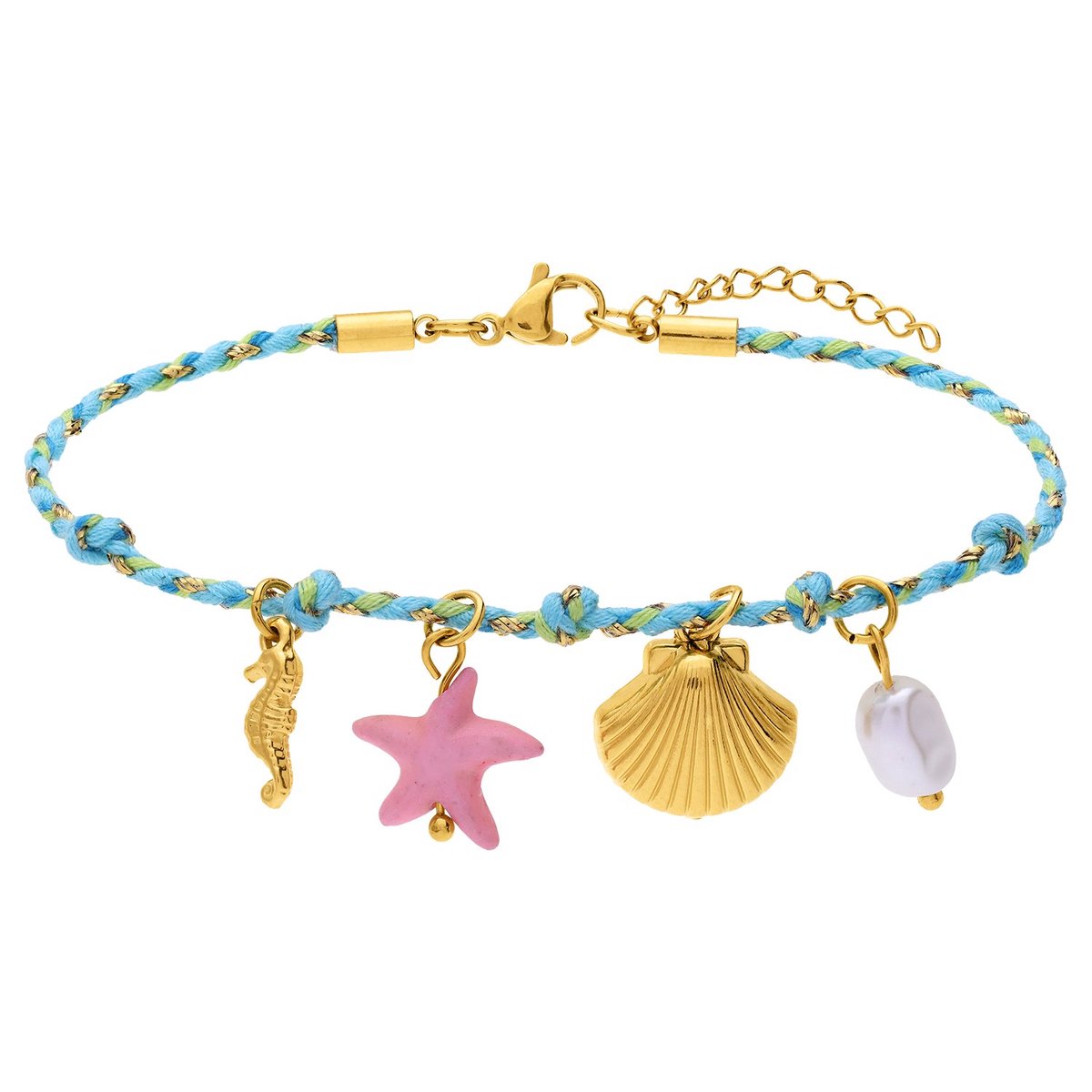 Lucardi - Dames Stainless steel bedelarmband blauw schelp voor dames - Armband - Staal - Goudkleurig - 20 cm