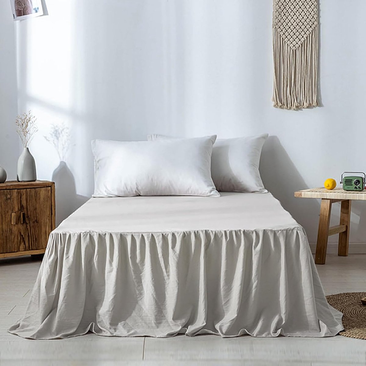 SnelShoppen - Bedflounces Beige Grijs 180x200 cm - Hoogwaardige Organic Cotton Bedrok, Hoogte 45 cm, Zacht Geborsteld, Perfect voor Slaapkamer Decorat