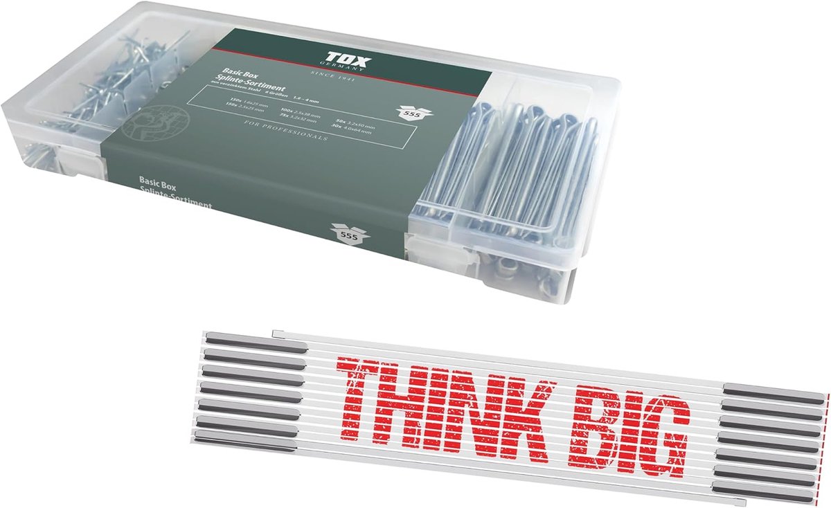 SnelShoppen - TOX Set met 555 Cotter Pins, 6 maten (1.6-4 mm), Galvaniseerd Staal + 3m Meetlat voor DIY en Automotive