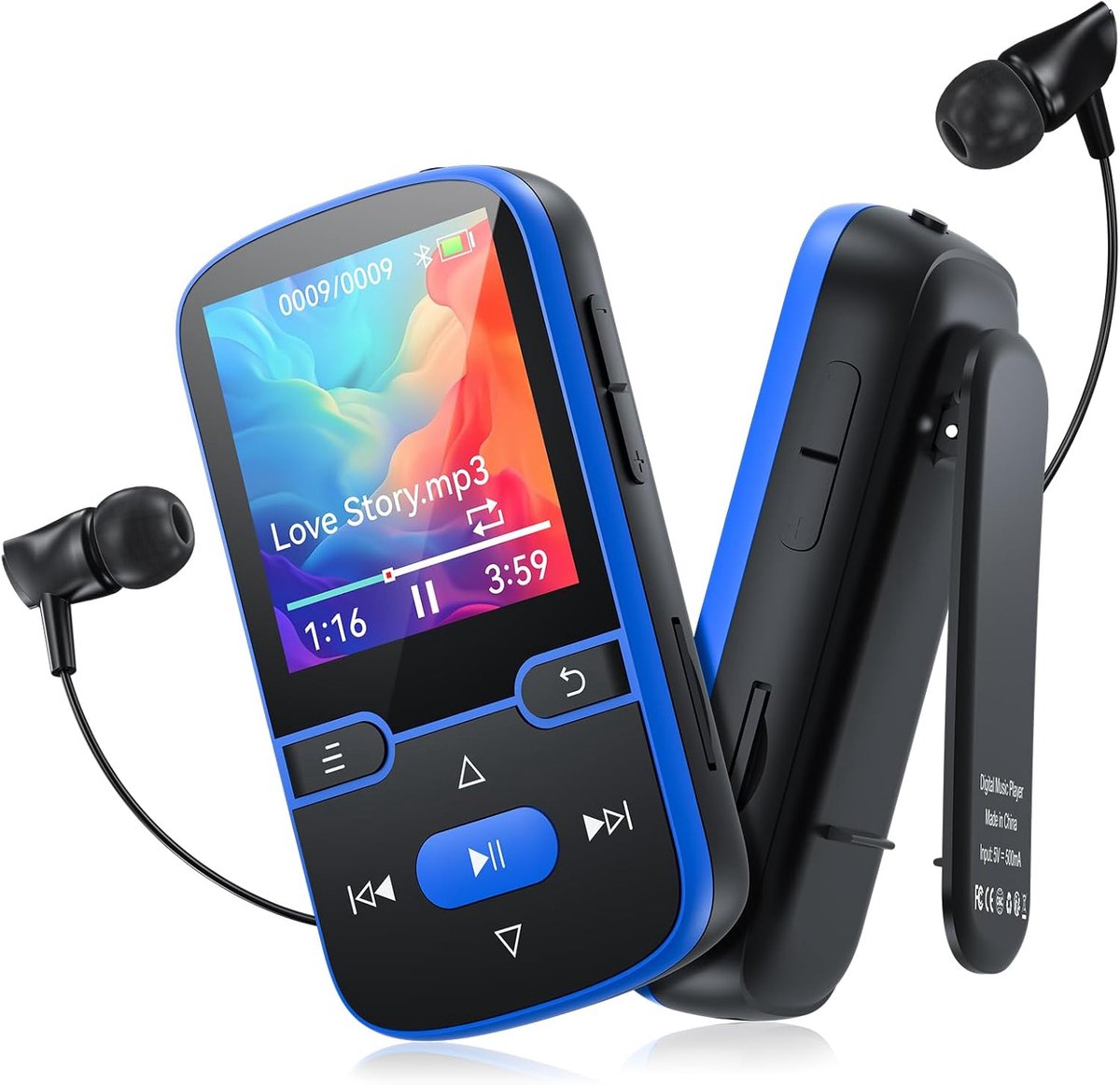 SnelShoppen - 64GB MP3 Speler Bluetooth 5.3 voor Kinderen met FM Radio, Pedometer, Stemopname, Random en Herhaal Afspelen, Slechts 28g, Ondersteunt TF