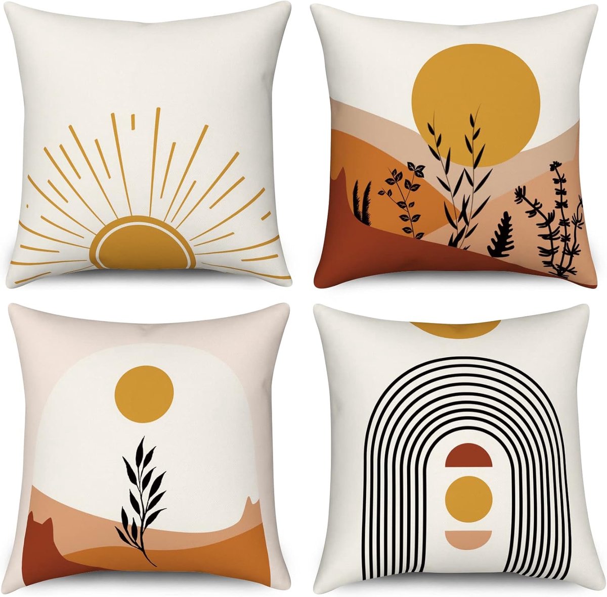 SnelShoppen - Boho Kussenhoezen Set van 4, 45x45 cm, Mid Century Abstract Natuur Design, Linnen Decoratieve Sierkussens voor Bank en Sofa