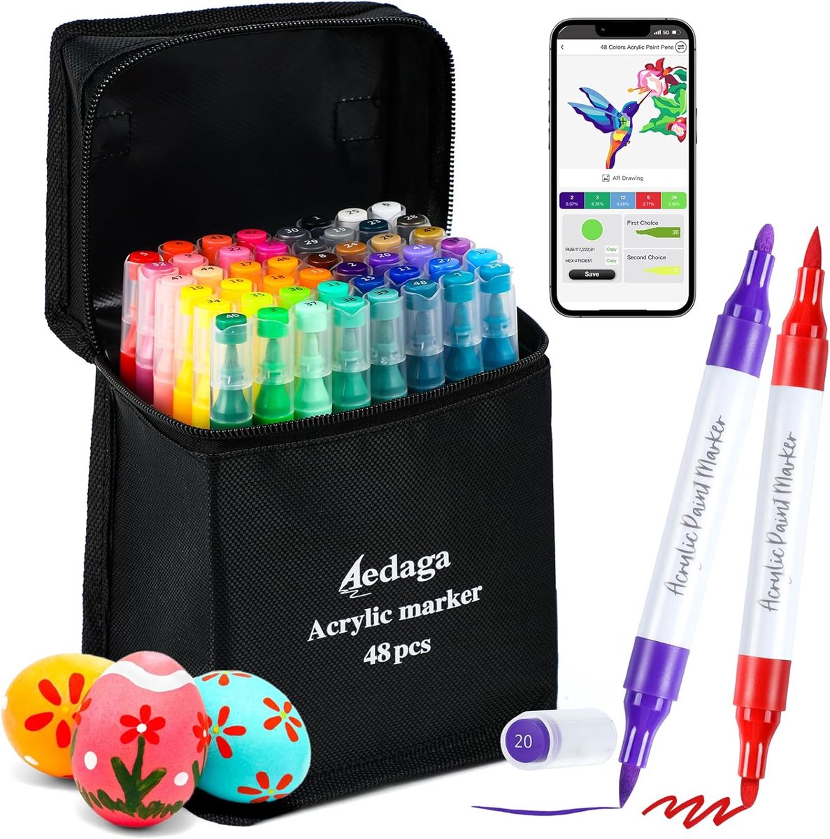 SnelShoppen - Set van 48 Genummerde Acryl Pennen met App, Dubbelpunts Acryl Marker (Borstel en Fijne Punt), Geschikt voor Hout, Steen, Glas, Canvas, P