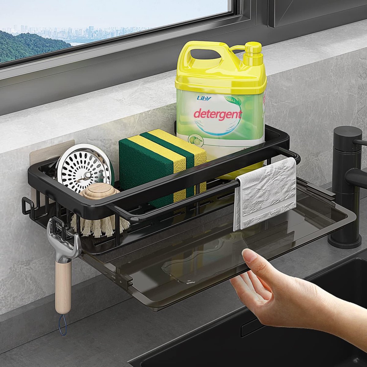 SnelShoppen - Sink Organizer met Afvoeren Haak en Muuropslag Zonder Boren Sticker voor Badkamer Keuken Accessoires - Multifunctionele Zwarte Keuken Or