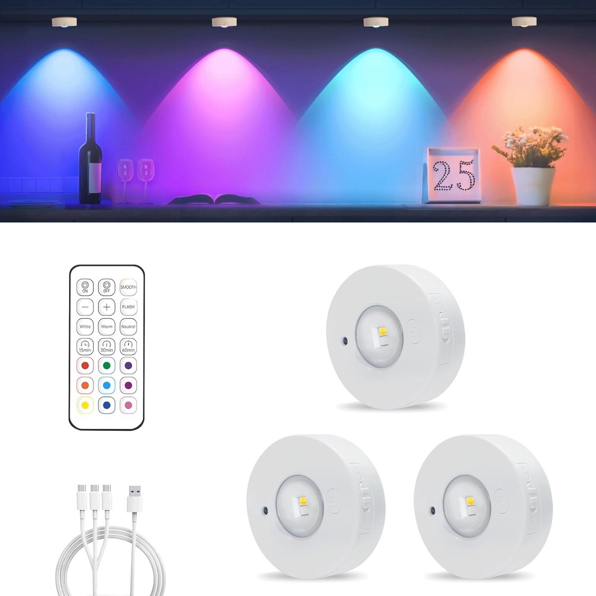 Vellaro LED Kastverlichting - Zwart - Oplaadbaar met Afstandsbediening - 3 Kleurtemperaturen - Voor Onder Kasten wit