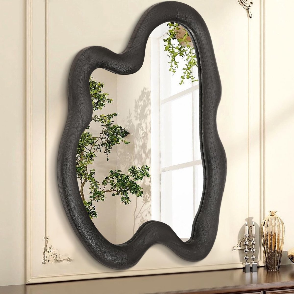 Dailygoods - Grote Onregelmatige Wandspiegel met Houten Frame - 80 x 60 cm, Zwart