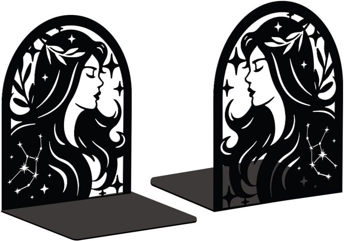 Moderne metalen boeksteunen voor boekenplank, decoratieve boekhouder, 13.5cm x 11cm x 16cm, stevig en creatief ontwerp, 1 paar met sterrenbeeld Virgo