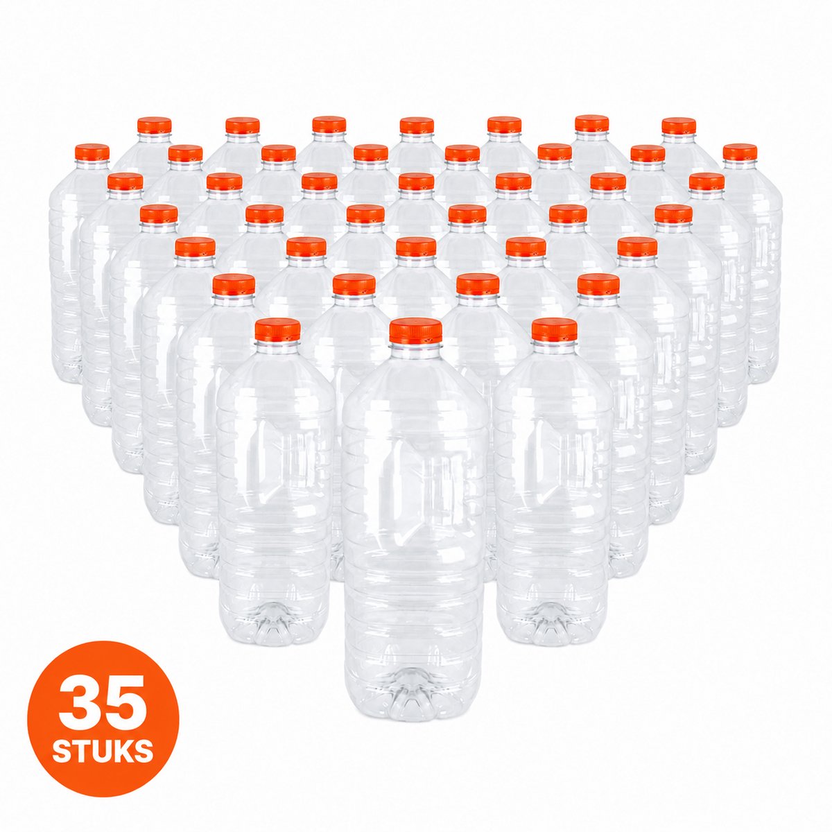 rPET Sapflessen 2 Liter met Oranje Vaste Dop – 35 Stuks – Transparante Flessen voor Sap, Smoothies en Koude Dranken