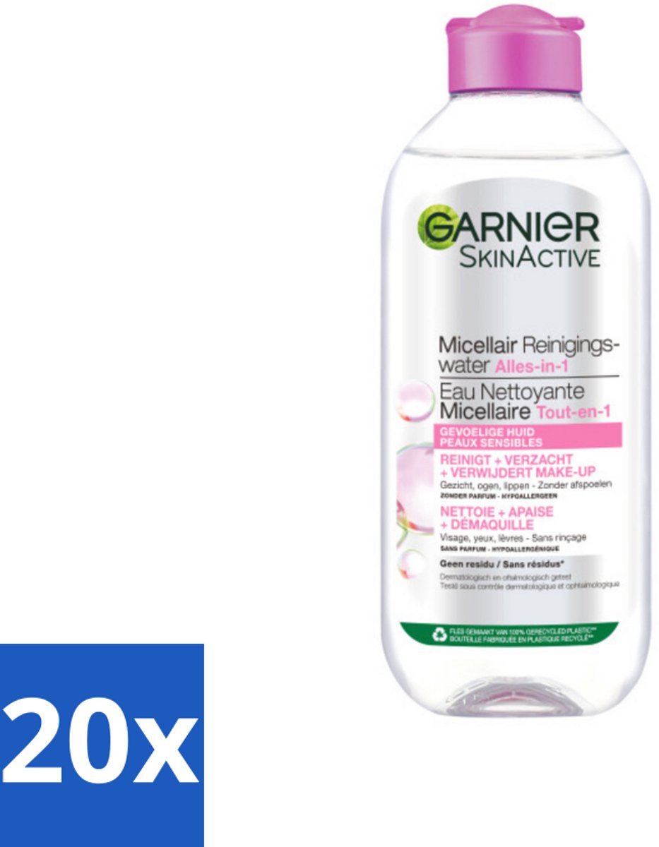 20 x Garnier - SkinActive - Micellair Reinigingswater - Gevoelige Huid - Milde Reiniging & Make-Up Remover - 400 ml - Gevoelige Huid - Micellair Reinigingswater - Make-up Verwijderen - Milde Reiniging - Oogmake-up Verwijderen