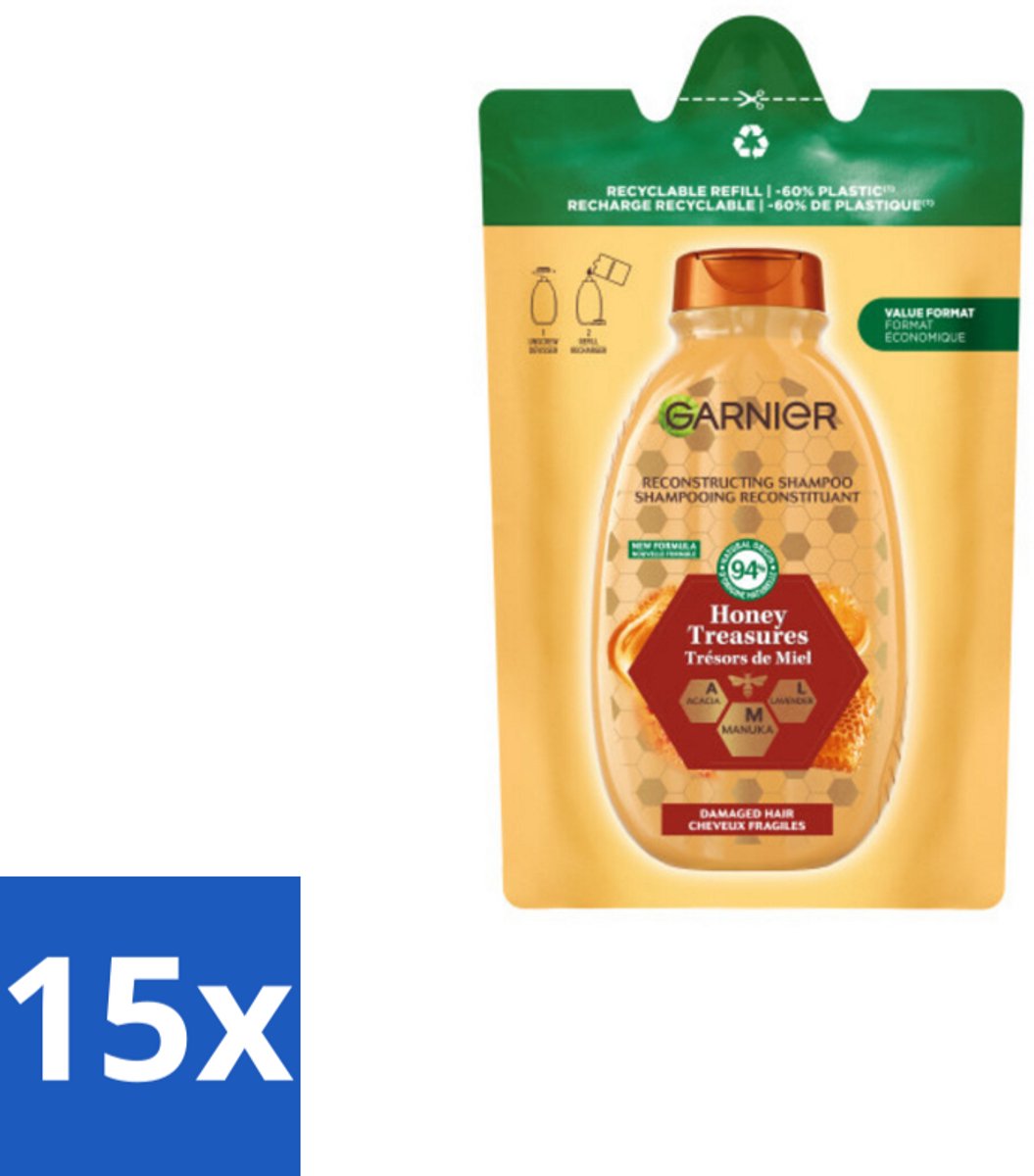 15 x Garnier - Loving Blends - Shampoo Refill - Honing Goud - Beschadigd & Breekbaar Haar - 250 ml - Honing Shampoo - Haar Herstel - Beschadigd Haar - Breekbaar Haar - Honinghoning