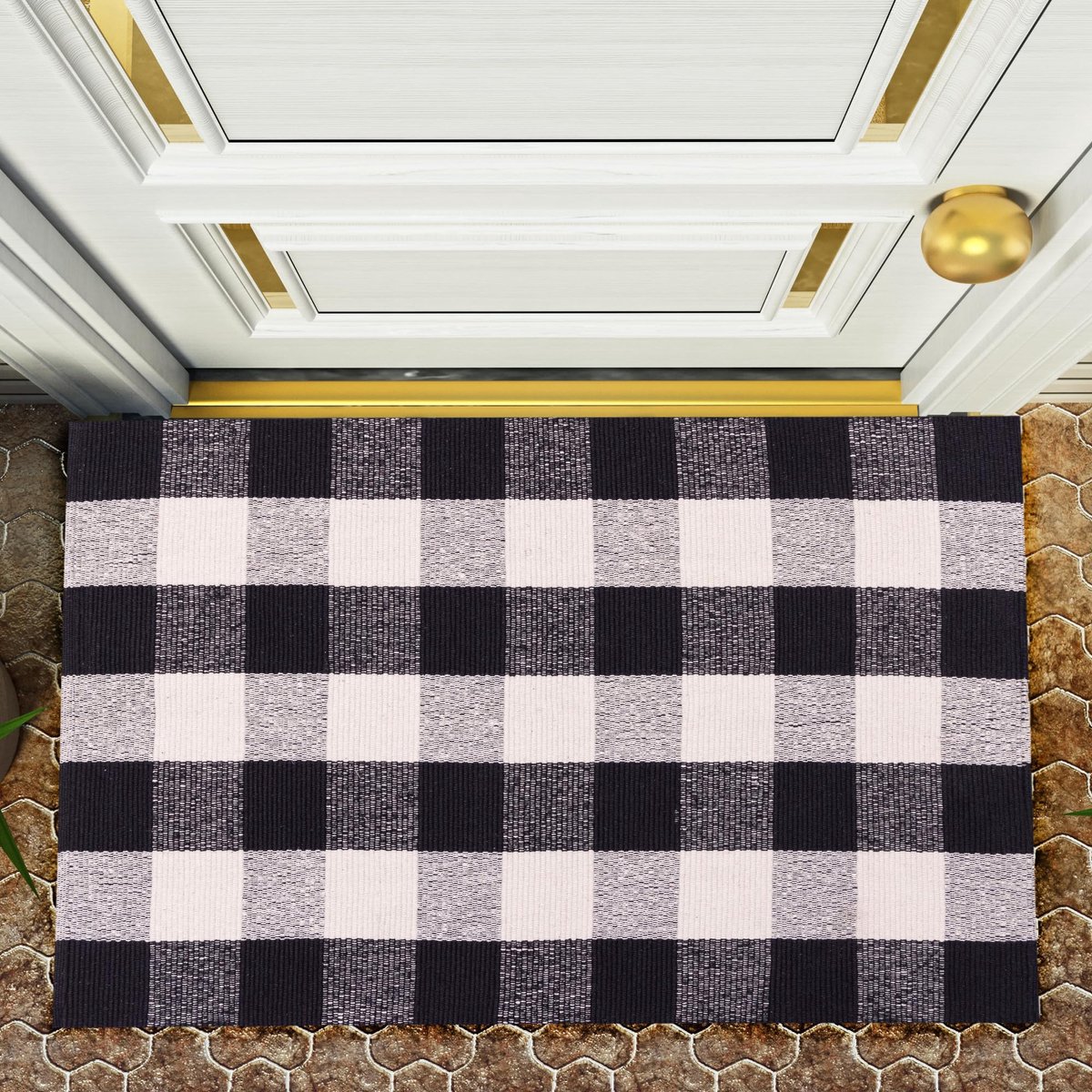 RAJRANG Kleine omkeerbare Buffalo Plaid tapijt 45 x 71 cm zwart-witte katoenen mat ingangsmat welkomsttapijt voor - ShopVlot