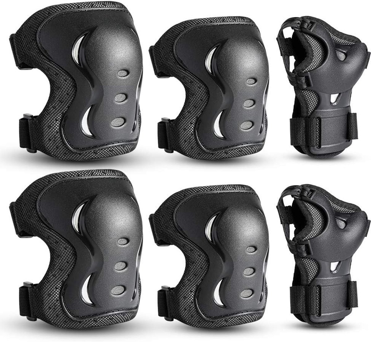 Knie- en Elleboogbeschermers - Zwart - 6-in-1 Set - Beschermende Uitrusting voor Kinderen en Volwassenen
