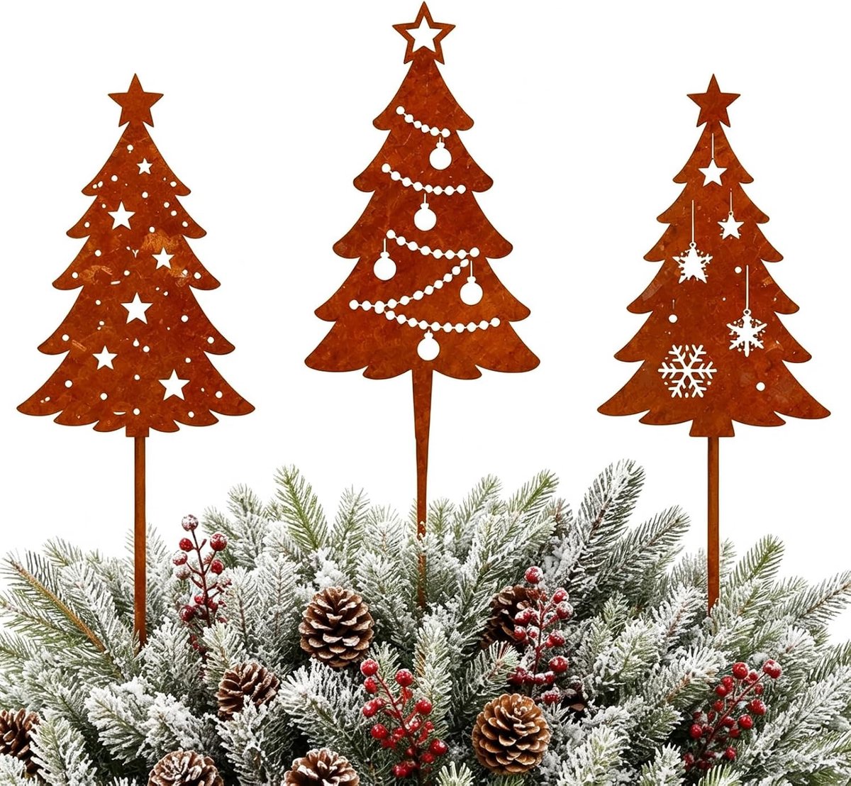 Tuinstekers kerstmis 3-delige set - metalen dennenbomen - roestlook - sfeervolle tuinversiering - ShopVlot